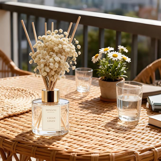 Reed Diffuser Set - 3.38 fl Oz Clean Linen Scent Aromatherapy Oil with Preserved Baby's Breath & Cotton Sticks | Home Fragrance for Bedroom, Bathroom, Living Room | Gift Ready Decor
