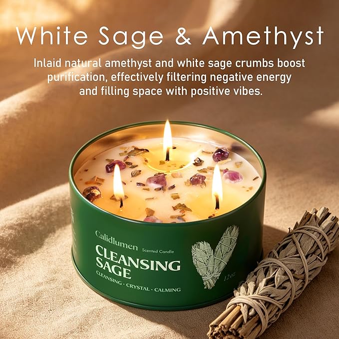 Sage Candle for Cleansing - 3 Wick 12 oz Soy Candle with Crystal and White Sage Crumbles, Organic Sage Candles Cleansing House Negative Energy