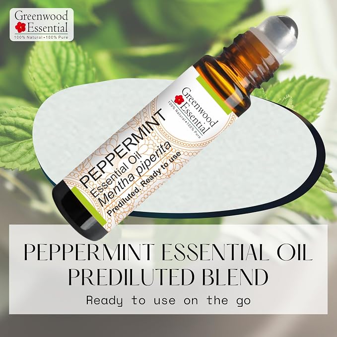 Greenwood Essential Peppermint Essential Oil (Mentha piperita) Pre Diluted Ready to Use Roll-on Blend for Aromatherapy and Topical Skin Application for Kids and Adults 10ml (0.33 oz)
