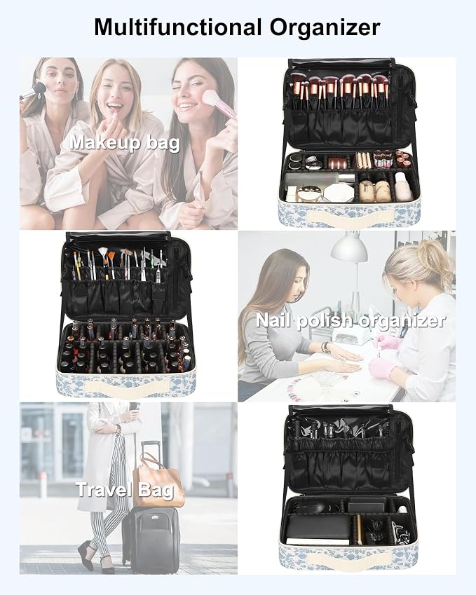 Relavel Makeup Bag Travel Train Case for Women and Girls, Cute Cosmetic Storage Organizer Box Portable Shoulder Bag with Adjustable Dividers and Makeup Brush Comparment, Floral Print
