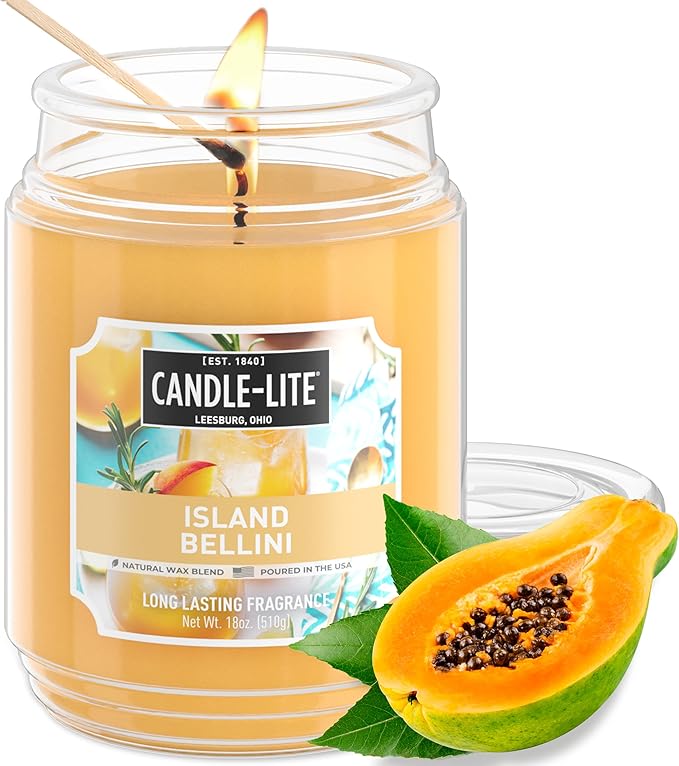 Candle-lite Scented Candles, Island Bellini, 18 oz Jar, Proudly Poured in The USA, Aromatherapy Candle, Single-Wick with 110 Hours of Burn Time, Perfect for Creating an Inviting Ambiance