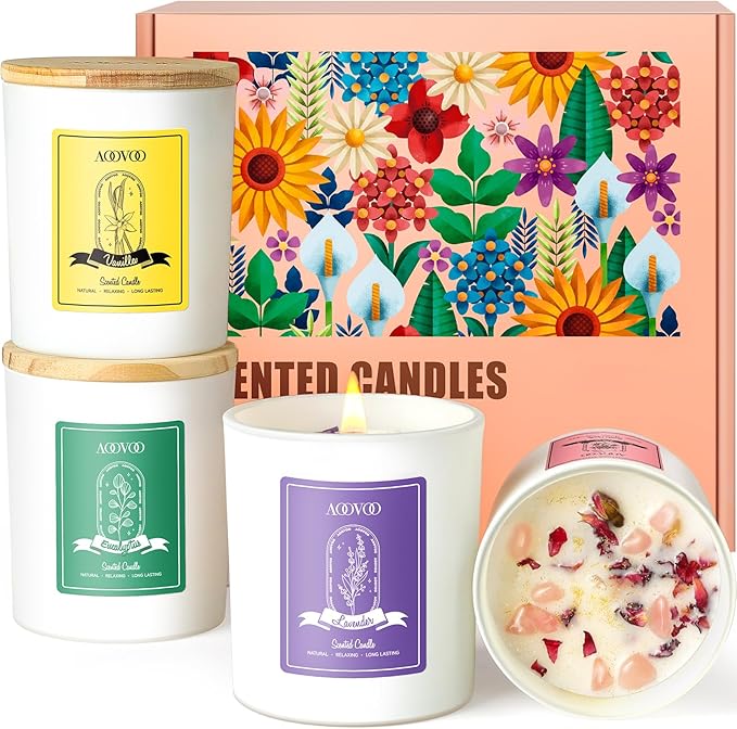 AOOVOO Rose/Vanilla/Eucalyptus/Lavender Scented Candles for Women - Aromatherapy Candle with Crystals Inside, 40oz Soy Candles for Home Scented, Birthday Gifts Mothers Day Candle for Women Mom