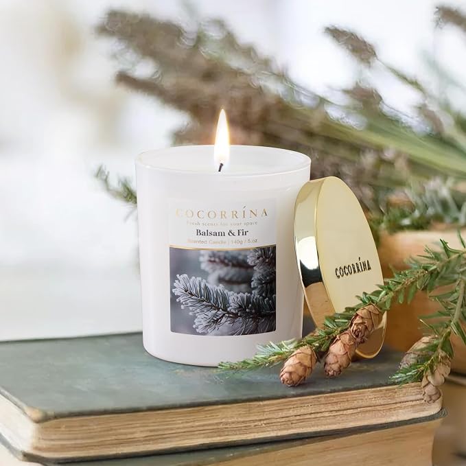 COCORRÍNA Fall Candles - Balsam & Fir 5 oz Soy Wax Scented Jar Candles for Home Scented, 31 Hours Burn Time, Aromatherapy Candle Gifts for Men Women