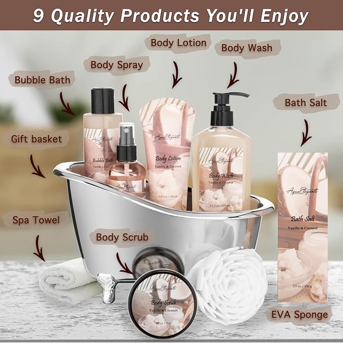 Aqua Elegante Spa Gift Basket - Luxury Bath Set with Body Wash, Bubble Bath, Lotion, Salts, Scrub, Spray, Shower Puff, Towel, Gifts for Women, Mom, Wife, Her - Coconut & Vanilla