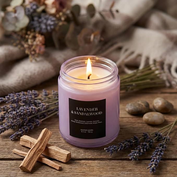 CW Studio Lavender & Sandalwood 6.5oz Scented Candle – Hand-Poured in Color Glass Jar with Lid, Calming Spa-Like Aroma for Home Decor, Self-Care & Gift