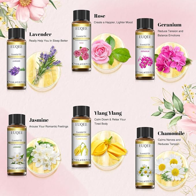 EUQEE 6 Pcs Pure Essential Oils Set, Premium Floral Scent Kit for Aromatherapy Diffuser, DIY Body Care, Home Fragrance, Massage– Lavender, Rose, Ylang Ylang, Jasmine, Geranium, Chamomile