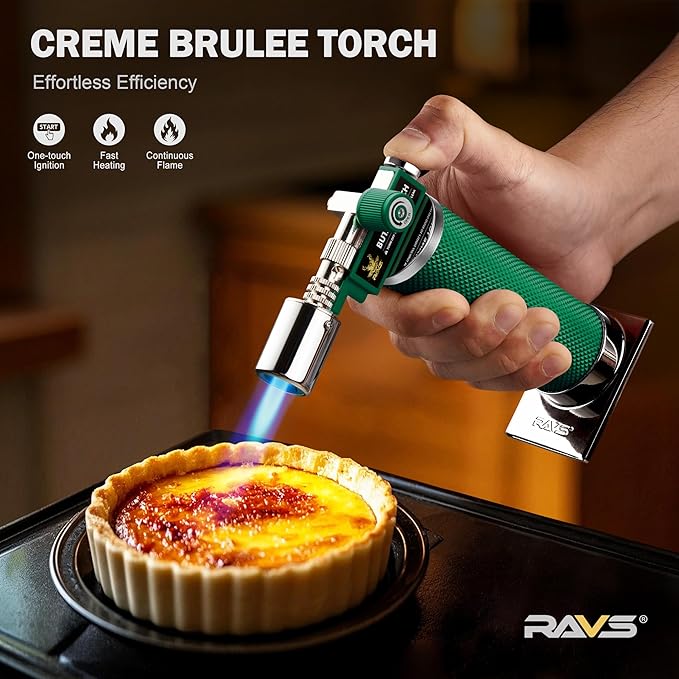 RAVS Butane Torch Lighter, Premium Metal Creme Brulee Torch with Adjustable Flame & Safety Buckle, Cooking Torch for Baking, BBQ, DIY, Green, Butane Gas Not Included