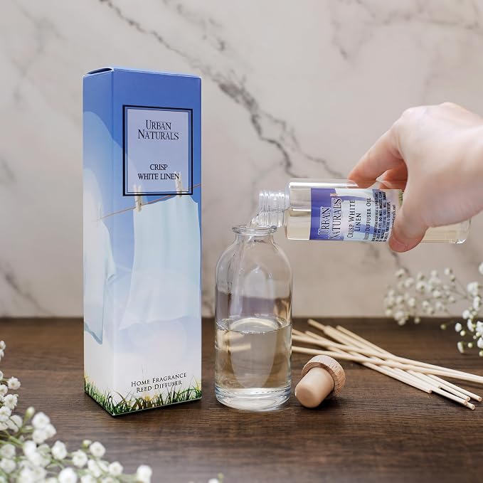 Urban Naturals Crisp White Linen Reed Diffuser Gift Set | with Citrus, Ozone, Ylang-Ylang, Lilies & Sandalwood Scent Notes for a Fresh, Clean Cotton Smelling Home | Made in the USA – Great Deal!