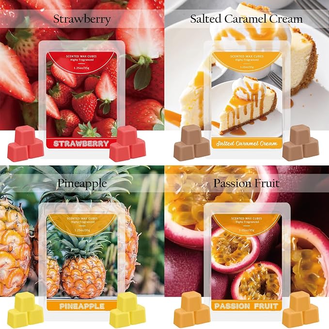 STRN Scented Wax Melts, Soy Wax Cubes Fruit & Food Strong Long-Lasting Summer Fragrances 12 Assorted Scents, Lemon, Mango, Mint, Bedroom, for Living Room, Office, 12 * 1.25 oz
