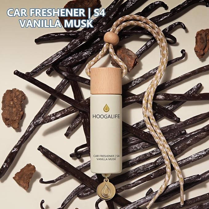 HOOGALIFE Car Air Freshener 2 Pack, Vanilla Musk Hanging Diffuser, 45+ Days Long Lasting Scent, Refillable Bottle, Odor Control for Auto Interior, Made in USA