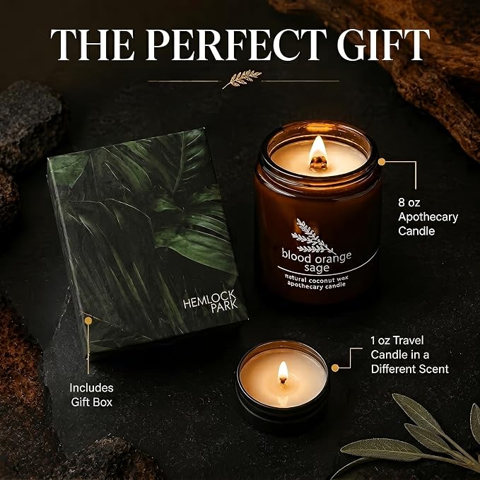 Hemlock Park Blood Orange Sage Apothecary Scented Candle | Crackling Wood Wick, Botanical Fragrance & Coconut Apricot Wax | Up to 60 Hour Burn Time | 8 oz | Made in USA