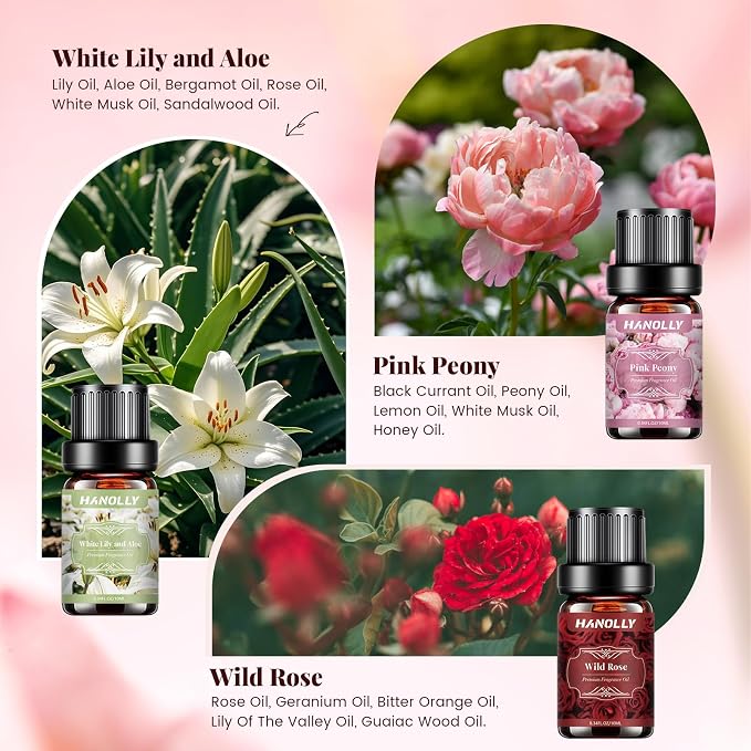 Floral Essential Oils Set - 6 Premium Fragrance Oil for Diffusers, Candle Making, Humidifier - Pink Peony, Wild Rose, Lavender, Sunflower Sandalwood, Bewitched Orchid, White Lily Aromatherapy Oil