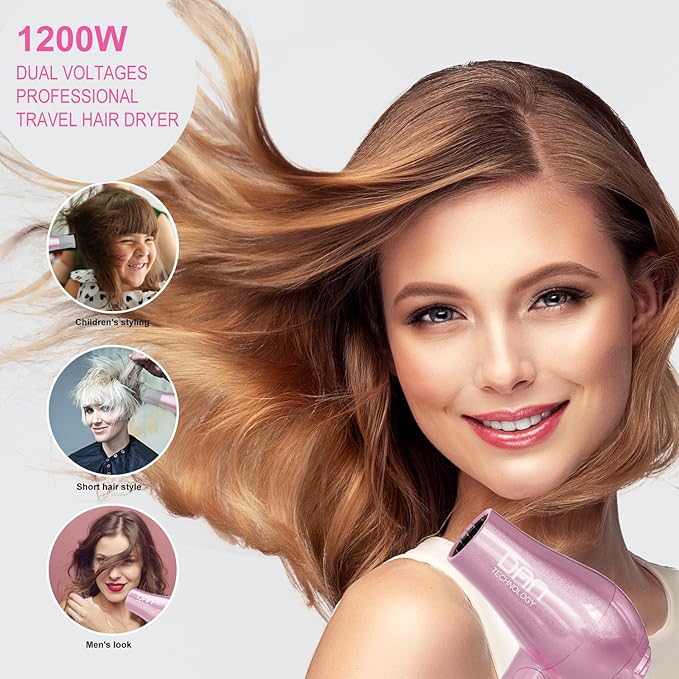 DAN Auto Dual Voltage Hair Dryer,Hair Blow Dryer,Compact Folding Blower,Small hairdryer with Diffuser & Concentrator,Portable Dryer with Multi-Function Plug Adapter,Travel hairdryers for Women