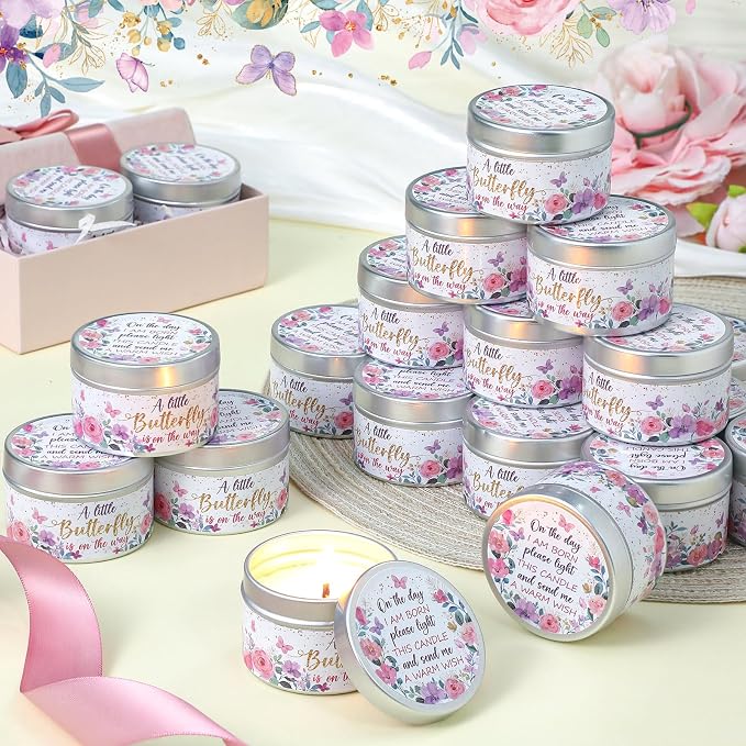 MTLEE 24 Pcs Butterfly Baby Shower Party Favors Candles Lavender Scented Baby Shower Favors for Guests Rustic Tealights Candles Gender Reveal Return Gifts (1.2 oz, Gold)