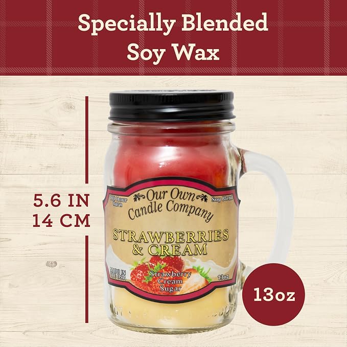Our Own Candle Company, Strawberries & Cream Scented Mason Jar Candle, 100 Hour Burn Time, 13 Ounces