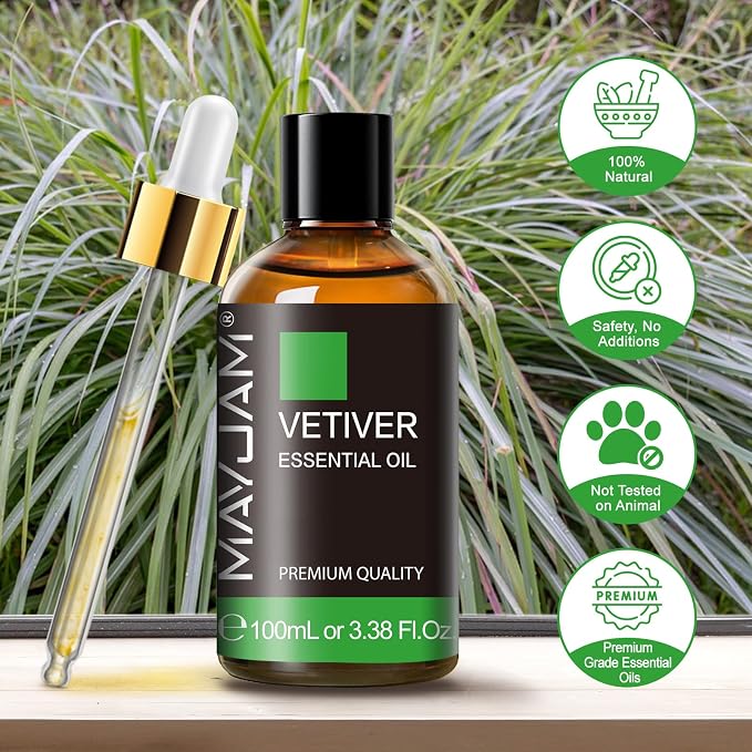MAYJAM Premium Grade Vetiver Essential Oil - 100ML/3.38FL.OZ for Diffuser, Aromatherapy Oils for Candles, Soaps