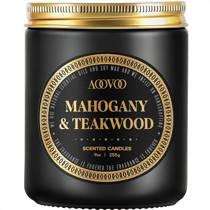 AOOVOO Scented Candles for Men - Mahogany & Teakwood Candles for Home Scented | Soy Candles | Strong Fragranced Masculine Black Candle Gift for Women & Men, 9oz