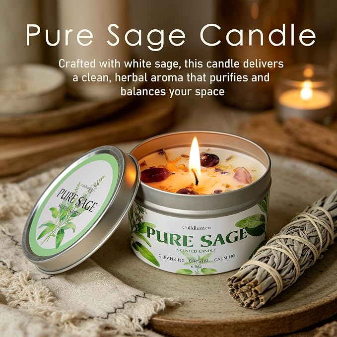 Pure Sage Candle for Cleansing - Soy Scented Candle with Crystals & Sage Leaves Inside, House Negative Energy Kit, Spiritual Gift for Women 6.5 oz