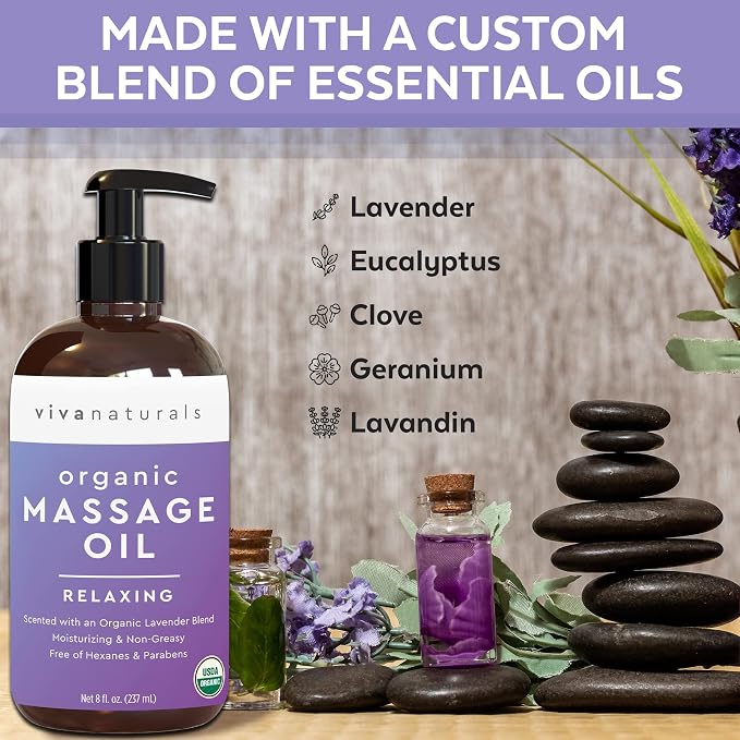 Viva Naturals Organic Massage Oil, Lavender Scented, 8 fl oz (237 mL) – Non-Greasy, Certified Organic Massage Therapy Oils