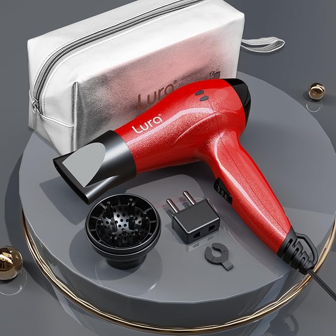LURA Travel Hair Dryer with Diffuser,Small Dual Voltage Hair Dryers for Women,Mini Portable Blow Dryer for Men,Lightweight Compact Blow Dryer with European Plug（Red）