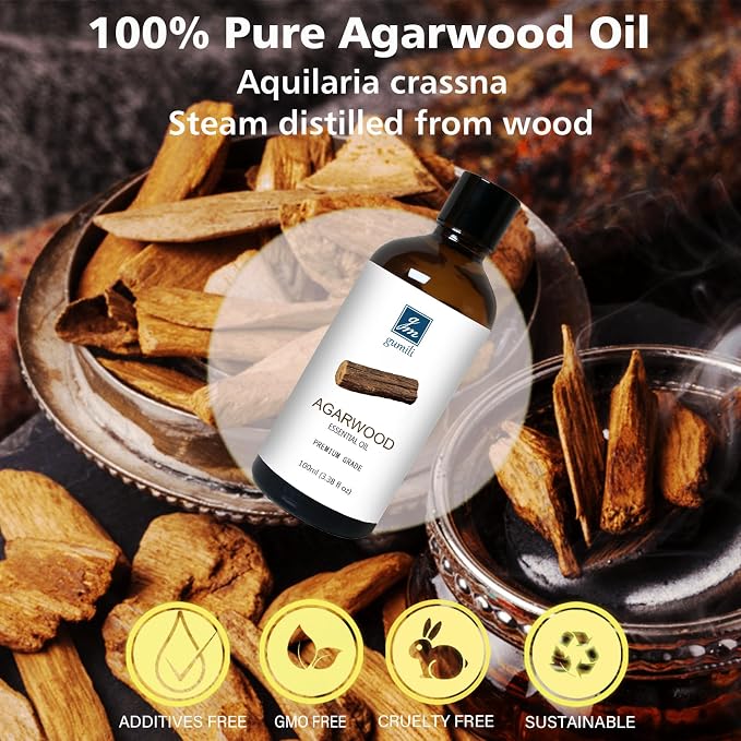 GM Gumili Agarwood Essential Oil 3.38oz/100ml, Pure Qud Oil for Relaxation, Meditation, SPA, Aromatherapy Diffuser
