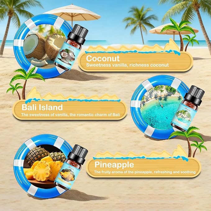 Summer Fragrance Oils Set, Premium Essential Oils for Diffuser, Natural Aromatherapy Oils for Soap Candle Making - Ocean Breeze, Coconut, Pineapple, Bali Island, Vanilla Ice Cream, Aqua Kiss