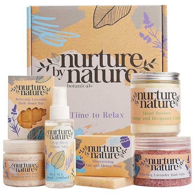 Nurture by Nature Self Care Gifts for Women - Spa Gift Baskets for Women & Relaxation Gifts | At Home Spa Kit | 6 Piece Bath Set with Pillow Spray, Candle, Bath Bomb & Bath Salts