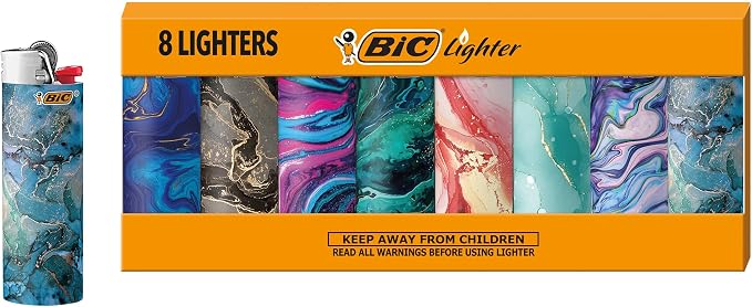 BIC Maxi Pocket Lighter, Special Edition Marble Collection, Assorted Unique Lighter Designs, 8 Count Pack of Lighters (Colors May Vary)