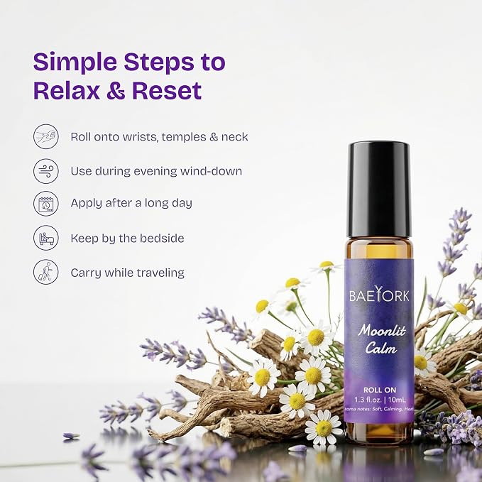 Moonlit Calm Roll-On Blend Essential Oils of Lavender, Chamomile, Sandalwood, Copaiba & Orange Soothing Night-Time Aromatherapy, 10 ml (Pack of 1)