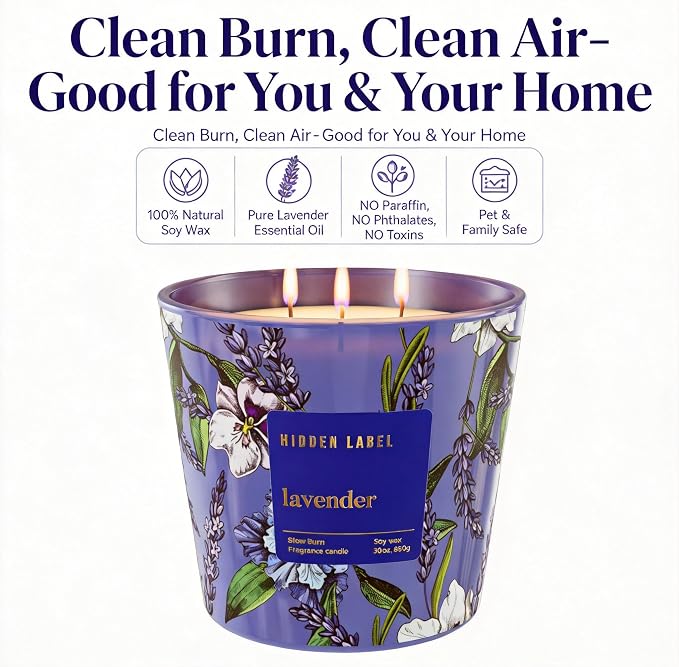 Hidden Label Extra Large Lavender Candle, 30oz 3-Wick Soy Wax, 100H Burn | Even Burn | 100H Long Lasting | Premium Lavender Aromatherapy | Stress Relief & Sleep | Non-Toxic Soy Wax