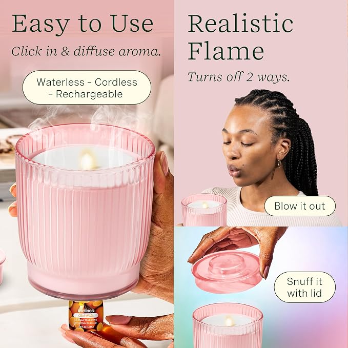 Lifelines Flameless Candle Aromatherapy Essential Oil Diffuser with 2 ClickWick Essential Oil Blends - Cordless & Waterless Diffuser for Home - Scented Electric Candles Blow Out Flame - Pink Jar