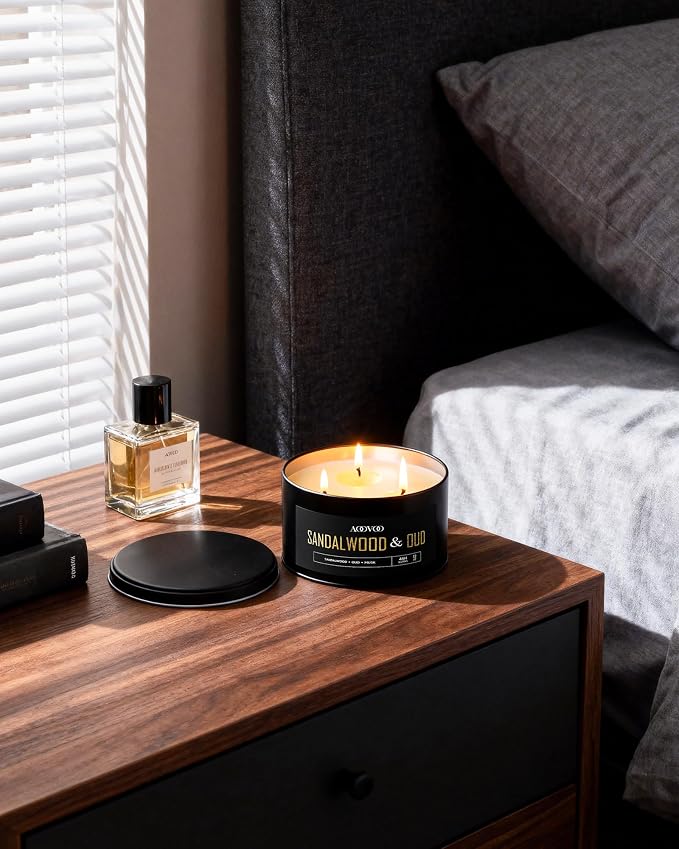 AOOVOO Sandalwood Oud Candles for Men - 3 Wick 12oz Large Scented Candle, Long Lasting Soy Candles for Home Scented, Strong Fragranced Masculine Black Candle Gift for Father Day, Women & Men