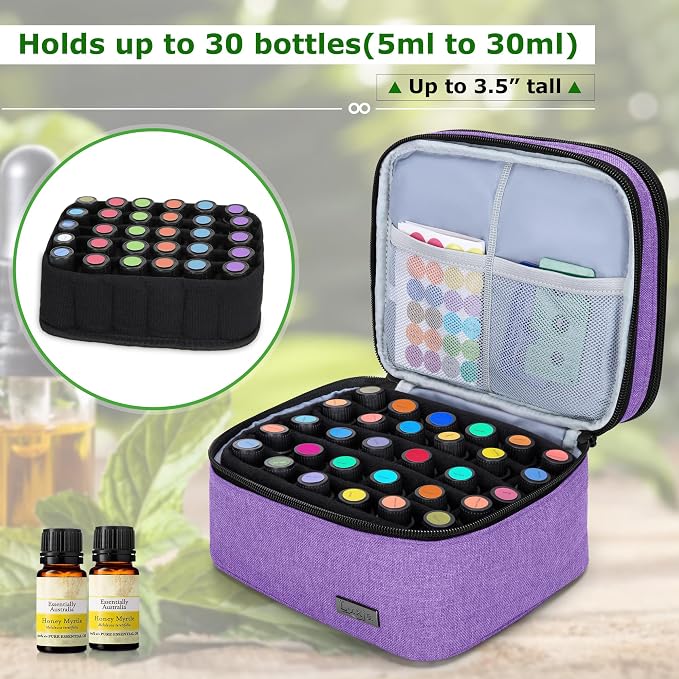 LUXJA Essential Oil Carrying Case - Holds 30 Bottles (5ml-30ml, Also Fits for Roller Bottles), Double-Layer Organizer for Essential Oil and Accessories, Purple (Bag Only)