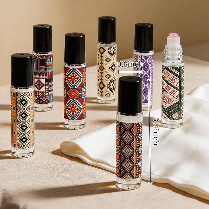 Cocurb 10ml Rose Quartz Roller Bottles for Essential Oil,8 Packs Refillable Thick Clear Glass Roller Ball Applicator with Boho Stickers and Liquid Dispensing Tools for Daily Care,Travel&DIY Gifts