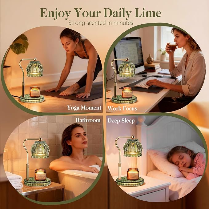 QiMH Candle Warmer Lamp with Timer Dimmer, Modern Wax Warmer for Scented Wax Jar Candle Warmer with 2 Bulbs, Adjustable Height Glass Lamp for Women, House Warming Gifts, Gold Green