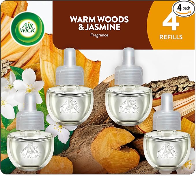 Air Wick Plug-In Scented Oil Refills, 4 Count, Warm Woods & Jasmine, Air Freshener, Essential Oils