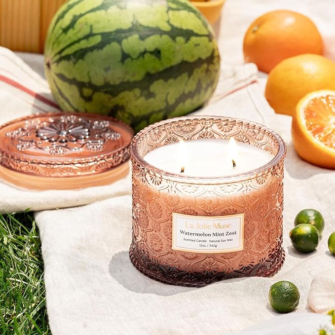 LA JOLIE MUSE Watermelon Mint Scented Candles for Home, Natural Soy 2-Wick | Large Jar Luxury Candle, Clean Non Toxic Wax, Decorative Candles, Fresh Summer Pretty Candles, Gifts for Women & Men,12 oz