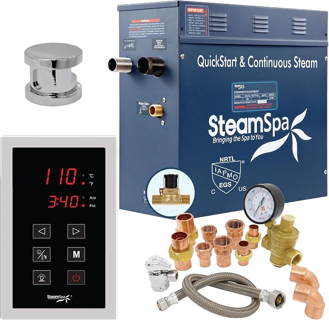 9kW Steam Sauna Generator Premium Bundle 240V Steam Generator with Touch Pad Control, Steamheads, Pressure Relief Valve, Built-in Auto Drain and Plumber Quick Install Kit PRT900CH-A