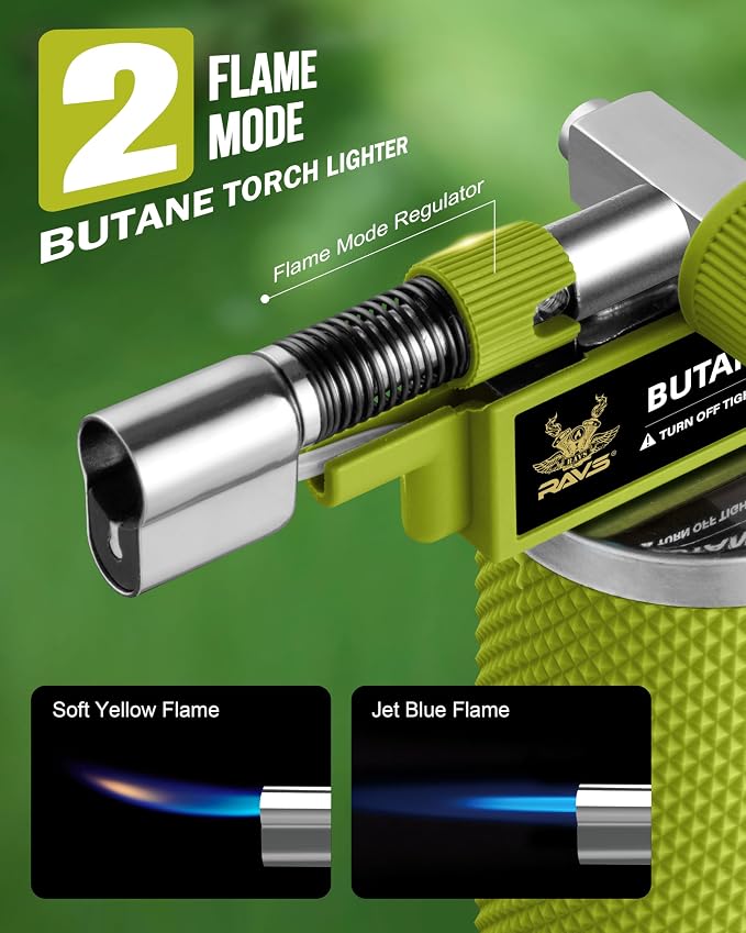 RAVS DUAL Flame Mode Butane Torch Lighter, Refillable Kitchen Torch, Metal Body Creme Brulee Torch for Baking, Cooking, Resin Art with Adjustable Flame, Green Soldering Torch, Butane Gas Not Included