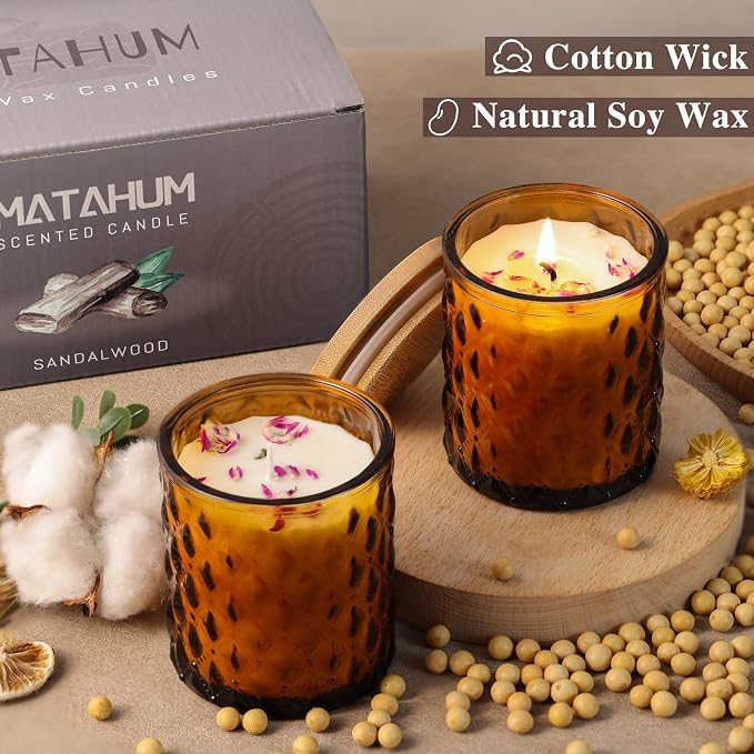 MATAHUM 2 Pack Sandalwood Scented Candles for Home Decor, 6.5oz Natural Soy Wax Aromatherapy Jar Candles, Sandalwood Candles Housewarming Giftable for Men