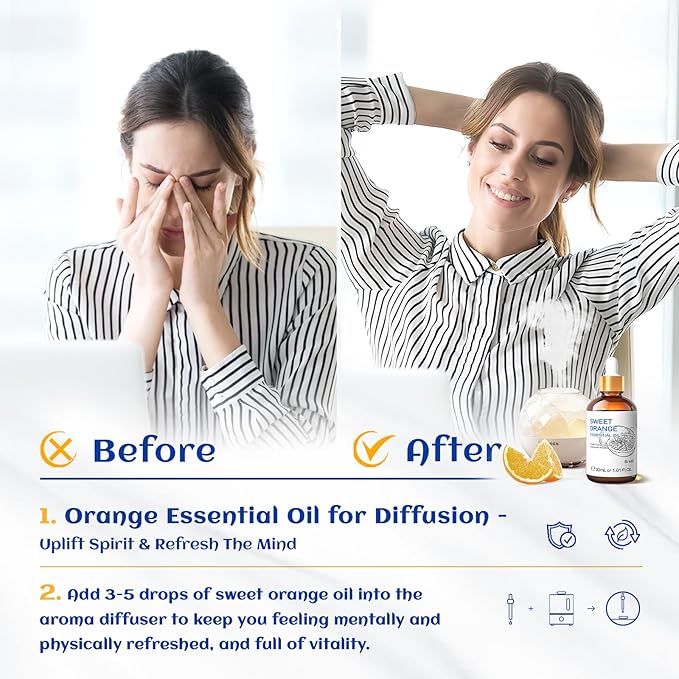 HIQILI Sweet Orange Essential Oil, 30ml (1 fl oz) | Aromatherapy for Diffusers & Air Freshening, Skin Care, DIY for Cleaning Spray, Candle & Soap