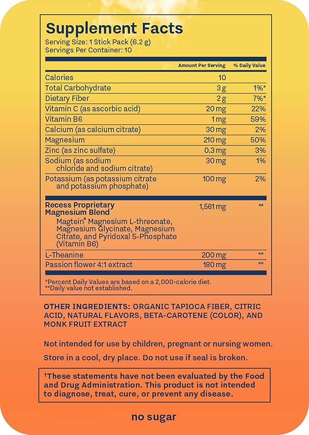 Recess Mood Powder, Magnesium L-Threonate Blend with Passion Flower, L-Theanine, Electrolytes, Magnesium Calm Support Powder Supplement - Lemon Citrus Pack of 10