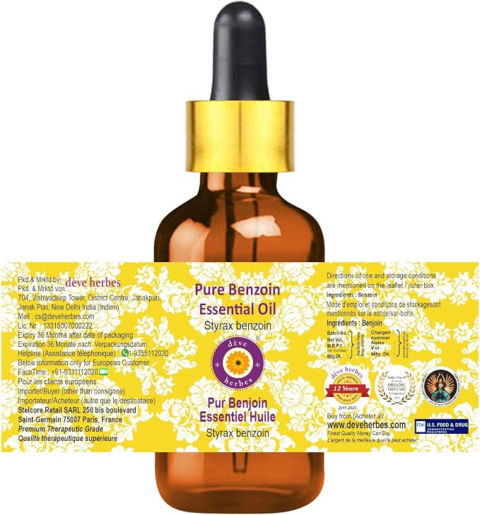 Deve Herbes Pure Benzoin Essential Oil (Styrax Benzoin) with Glass Dropper Steam Distilled 100ml (3.38 oz)