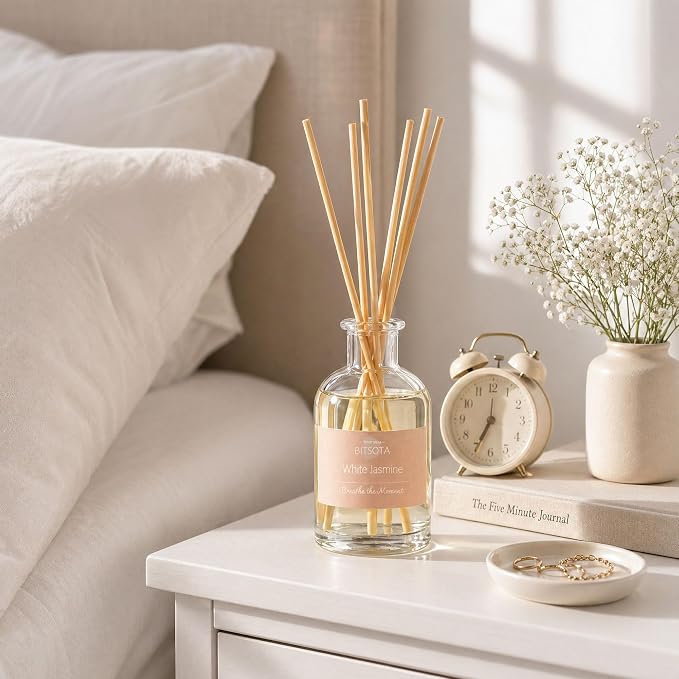 Natural Reed Diffuser Set, White Jasmine 3.52 oz (100ml) Scented Diffuser with Sticks Home Fragrance Reed Diffuser for Bathroom Shelf Decor, Ideal Gift for Woman