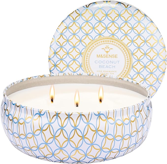 M&SENSE Coconut Beach Scented Candles 12 oz, Large 3 Wick Soy Tin Candle, Over 40 Hour Burning Time, 100% Natural Vegan Wax, Relaxing Aromatherapy Aesthetic Candle Gift for Women Men