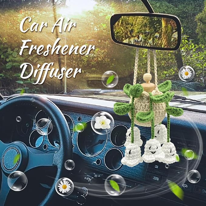 Crochet Glowing Ghost Car Air Freshener, Halloween Car Decor, 15ml Refillable Oil Diffuser Bottle with Hanging Crochet Decor for Car Rearview Mirror, Handmade Halloween Gifts
