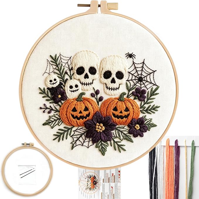 FONNUY Halloween Embroidery Kits for Beginners,Skull Pumpkin Spider Web Floral Stamped Cross Stitch Kit for Adults, Spooky Season Boho Wall Decor, 8'' Hoop (Skull)