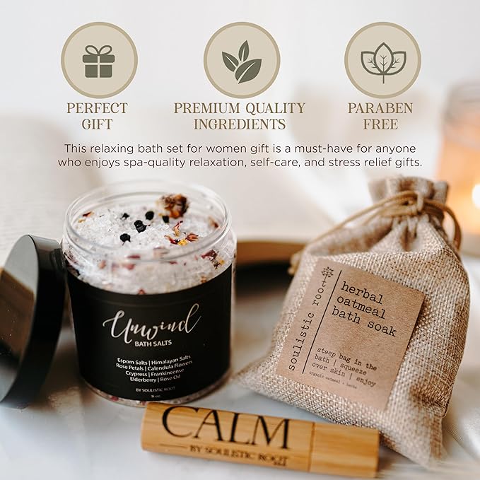 SOULISTIC ROOT Revitalizing Bath Gift - Premium Self-Care Bath & Body Set with Lavender Oatmeal Soak, Tranquil Essential Oil Roller, Epsom Salt Soak, Home Spa Kit, Ready-to-Gift Box