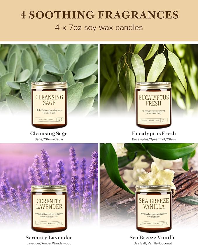 4 Pack Scented Candles for Home Scented: Soy Candles for Women, Up to 200H Burning Aromatherapy Candle Set, Jar Candle Gift Set for Birthday Valentine's Day, Scents of Sage/Vanilla/Lavender/Eucalyptus