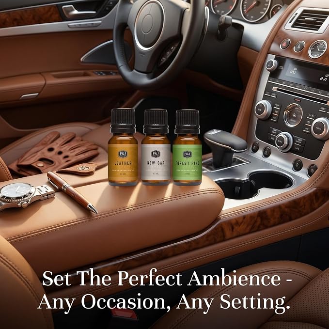 P&J Trading Car Trio Set of 3 - New Car, Leather & Forest Pine - Premium Concentrated Trio Set for Car Freshies, Candle Making, Diffusers, Soap Making & DIY Crafts - USA Made, 10 ML